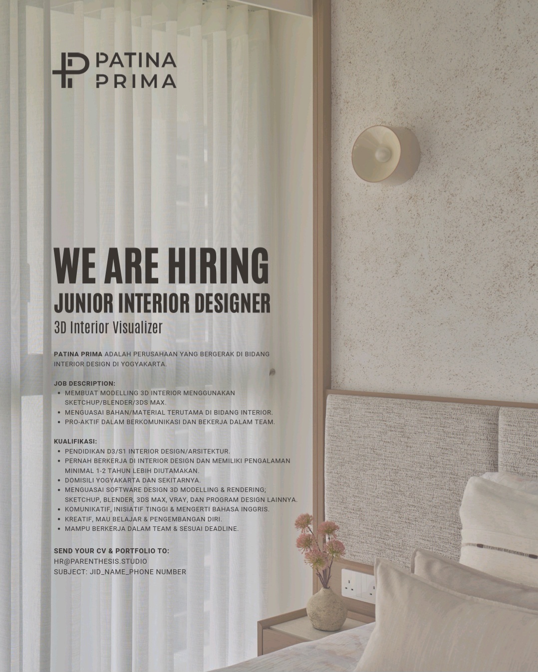 Poster Lowongan Junior Interior Designer di Patina Prima Yogyakarta