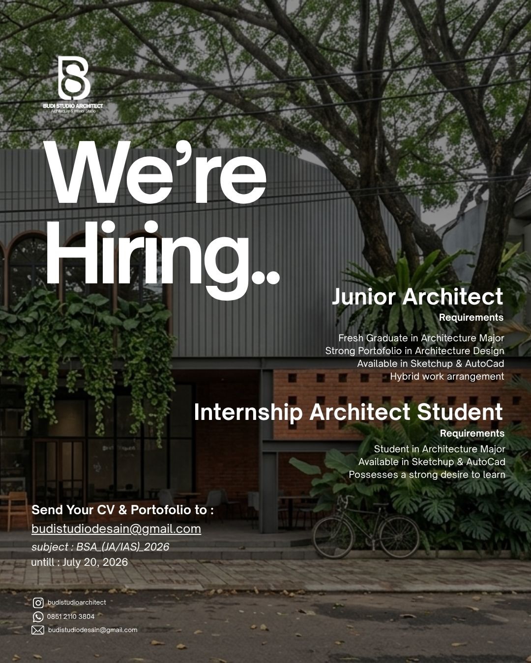 Poster Lowongan Junior Architect & Internship Architect Student di Budi Studi