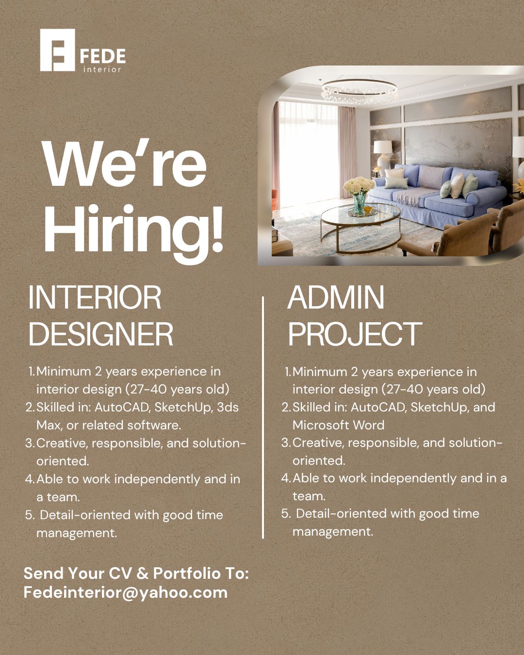 Poster Lowongan Interior Designer & Admin Project di FEDE Interior