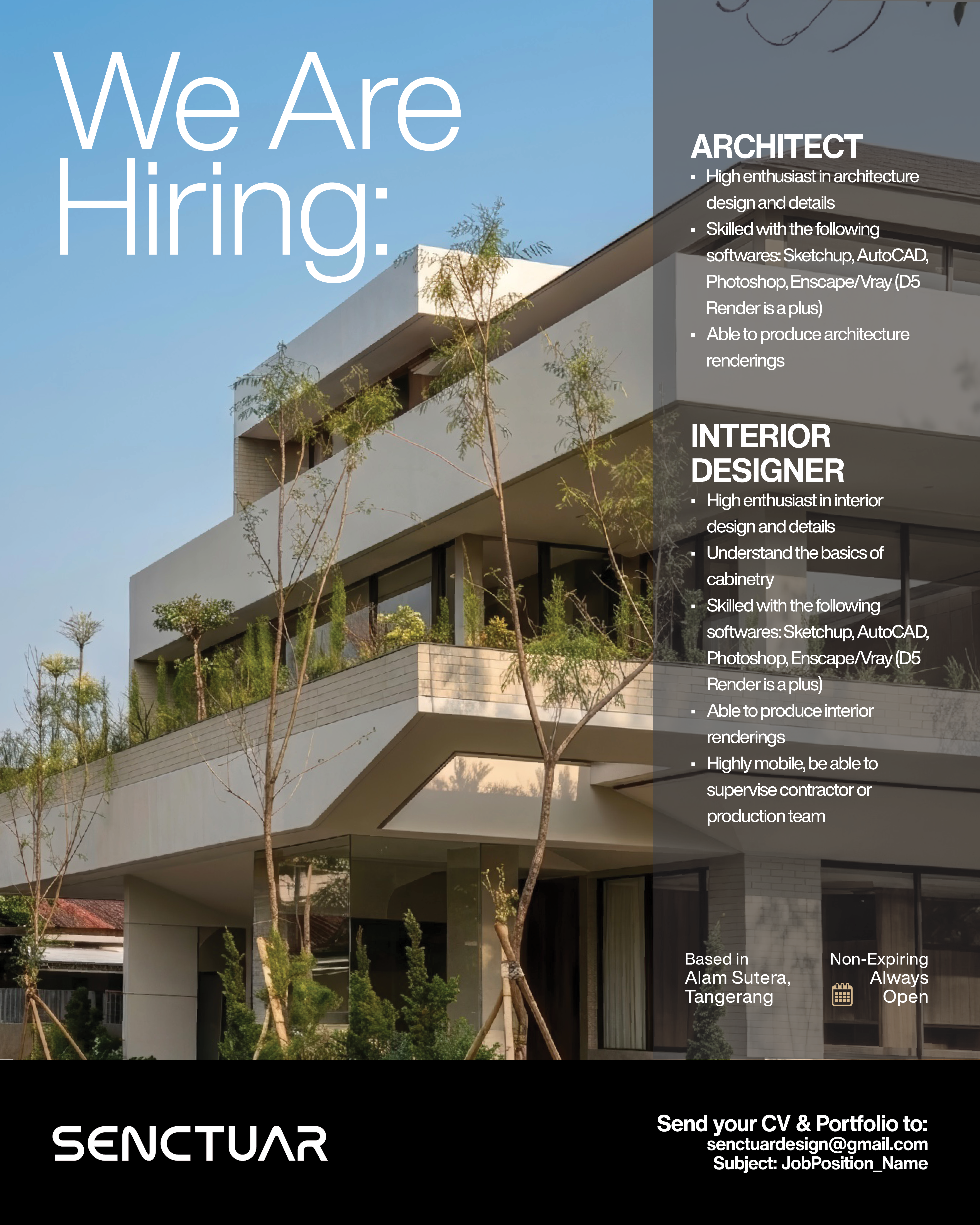 Poster Lowongan Architect & Interior Designer di Senctuar Tangerang