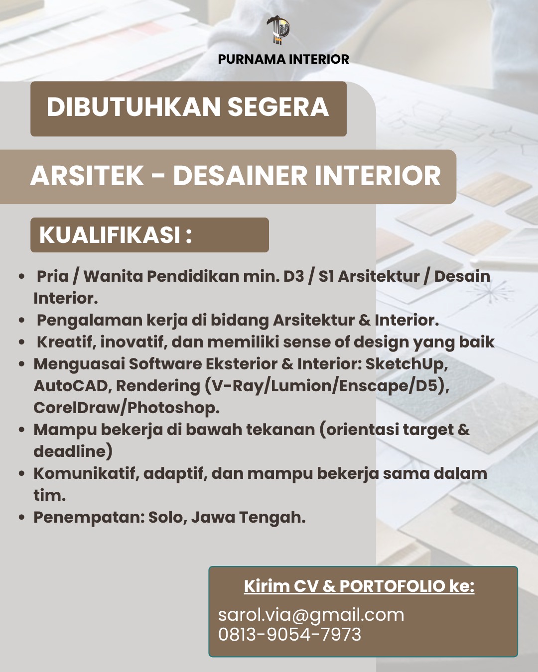 Poster Lowongan Arsitek – Desainer Interior di Purnama Interior Solo
