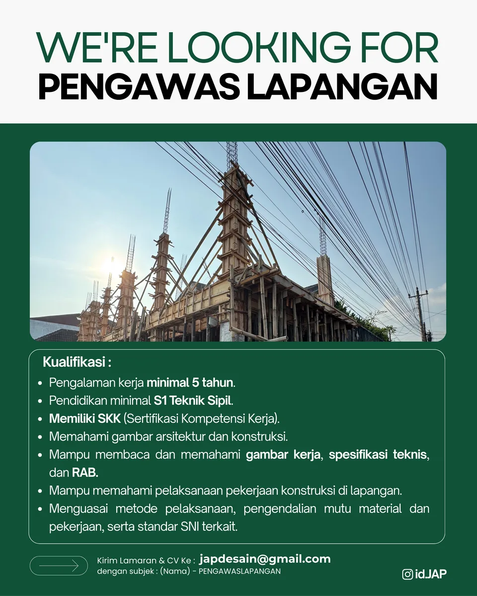 Poster lowongan Pengawas Lapangan di Jap Studios Sleman