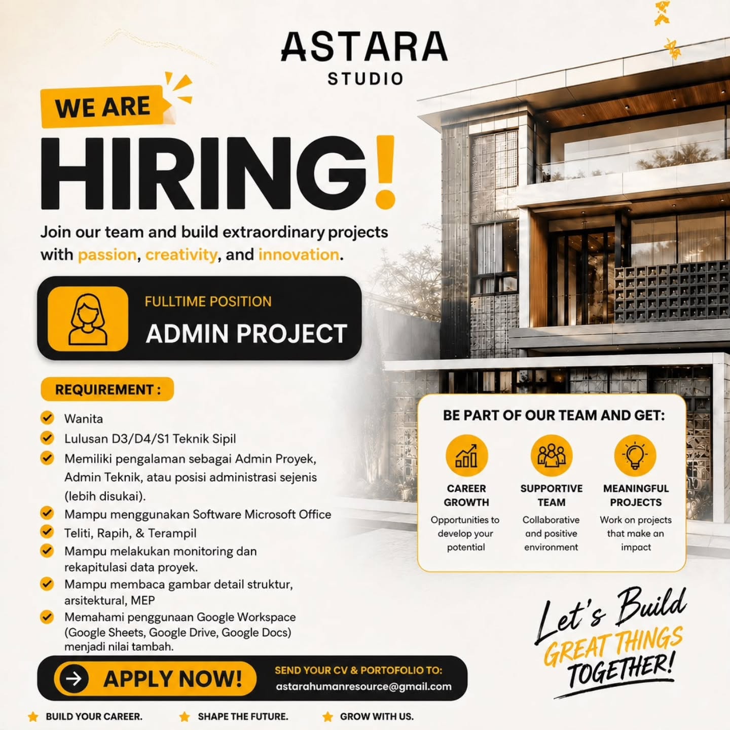 Poster Lowongan Admin Project di ASTARA Studio