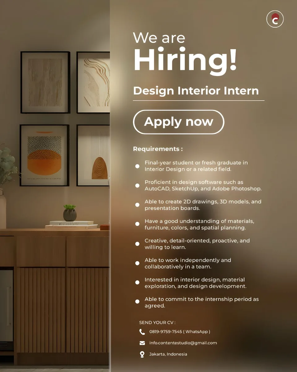 Poster lowongan Design Interior Intern di Contentestudio Jakarta Selatan