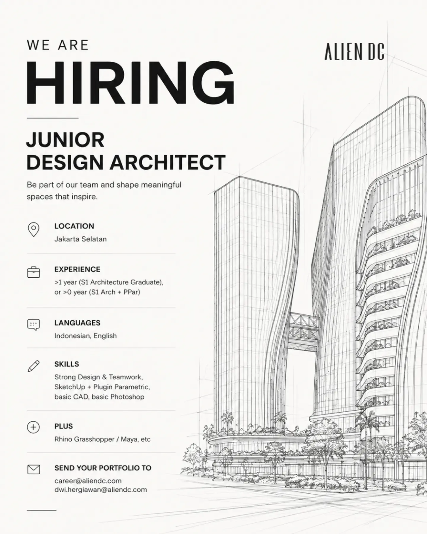 Poster Lowongan Junior Design Architect di Alien DC Jakarta