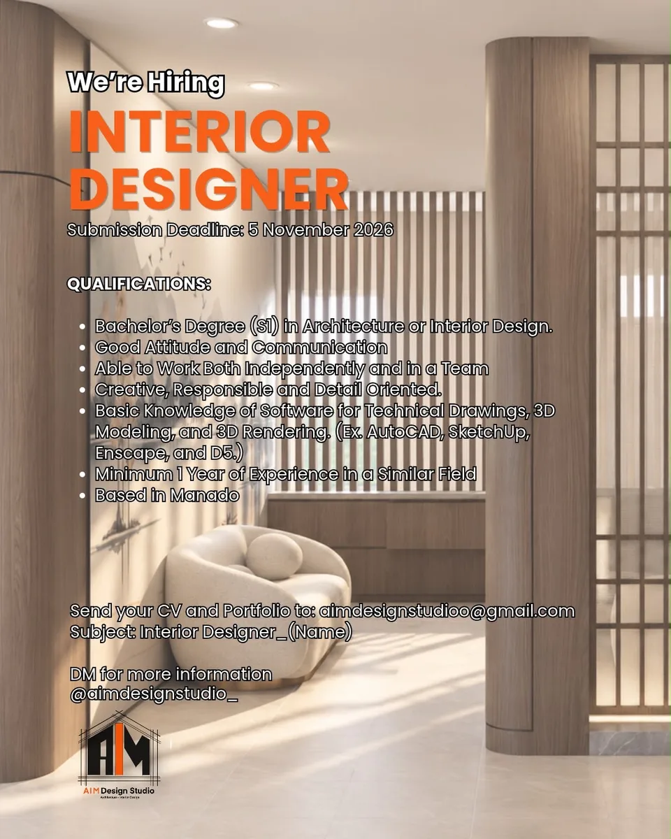 Poster lowongan Interior Designer di Aimdesignstudio Manado