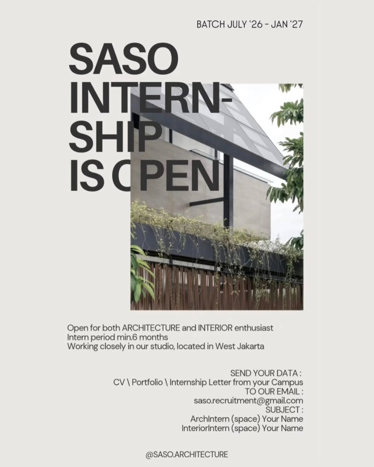 Poster Lowongan Magang Arsitek di SASO Architecture Jakarta