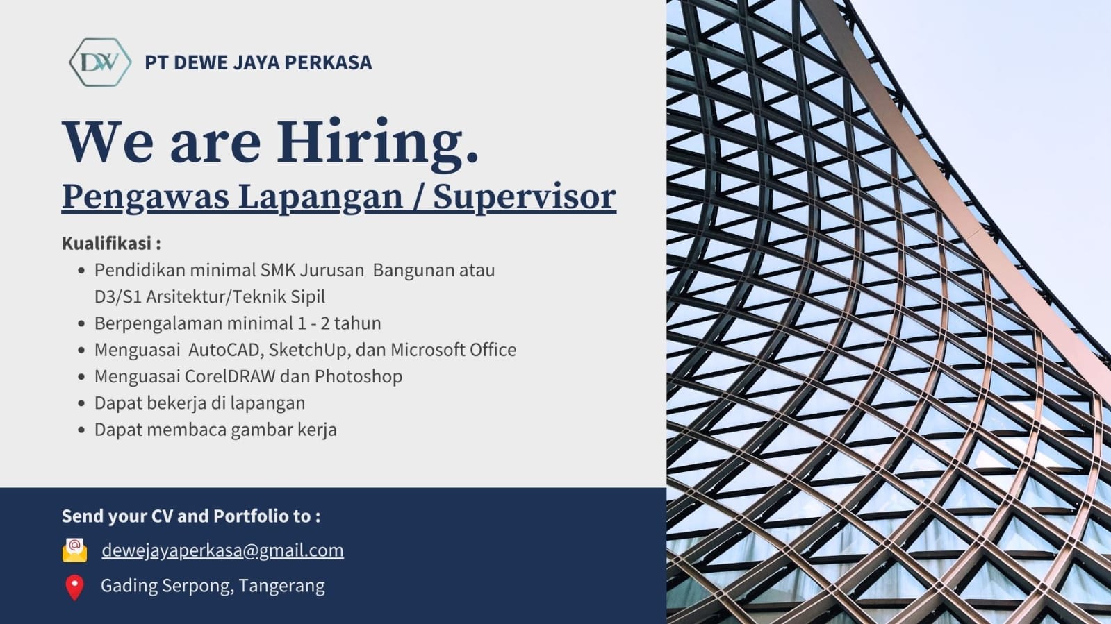 Poster Lowongan Pengawas Lapangan / Supervisor di PT Dewe Jaya Perkasa Tangerang