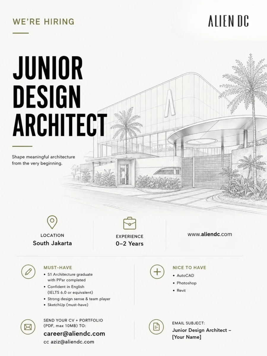 Poster Lowongan Junior Design Architect di ALIEN DC Jakarta 1