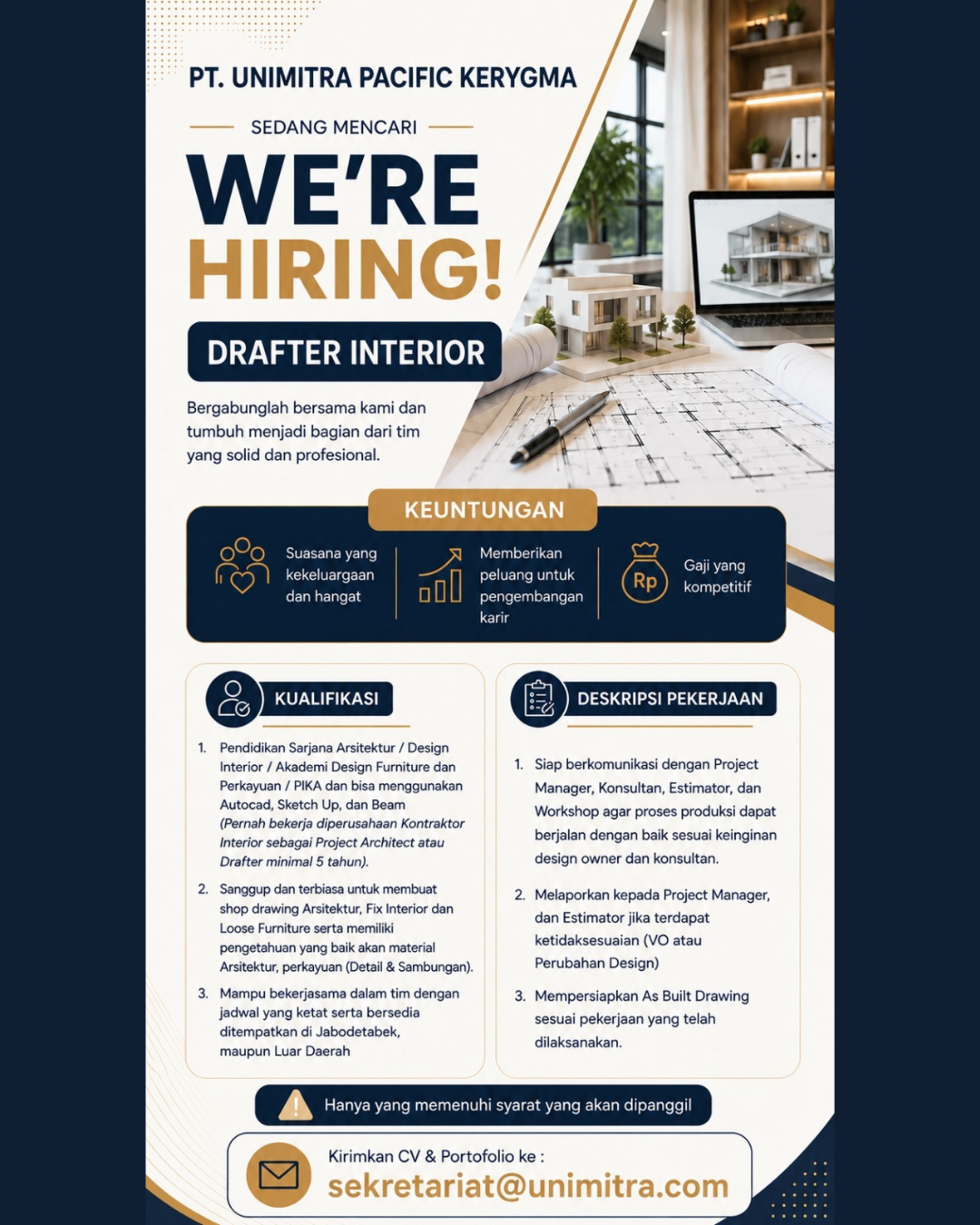 Poster Lowongan Drafter Interior di PT Unimitra Pacific Kerygma Jakarta
