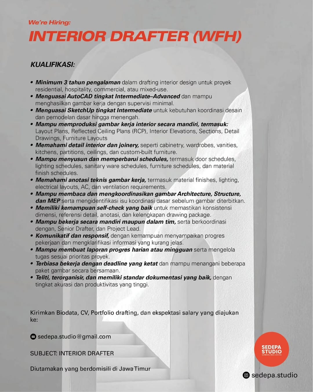 Poster Lowongan Interior Drafter di Sedepa Studio Jawa Timur — WFH
