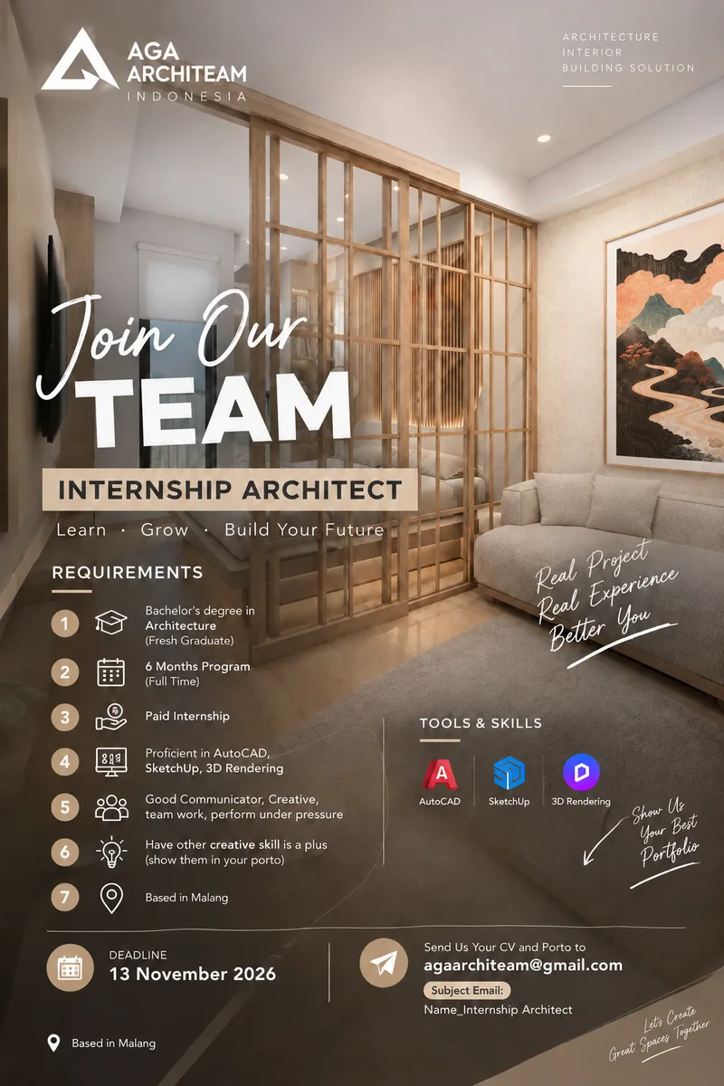 Poster lowongan Internship Architect di PT. AGA Architeam Indonesia Malang