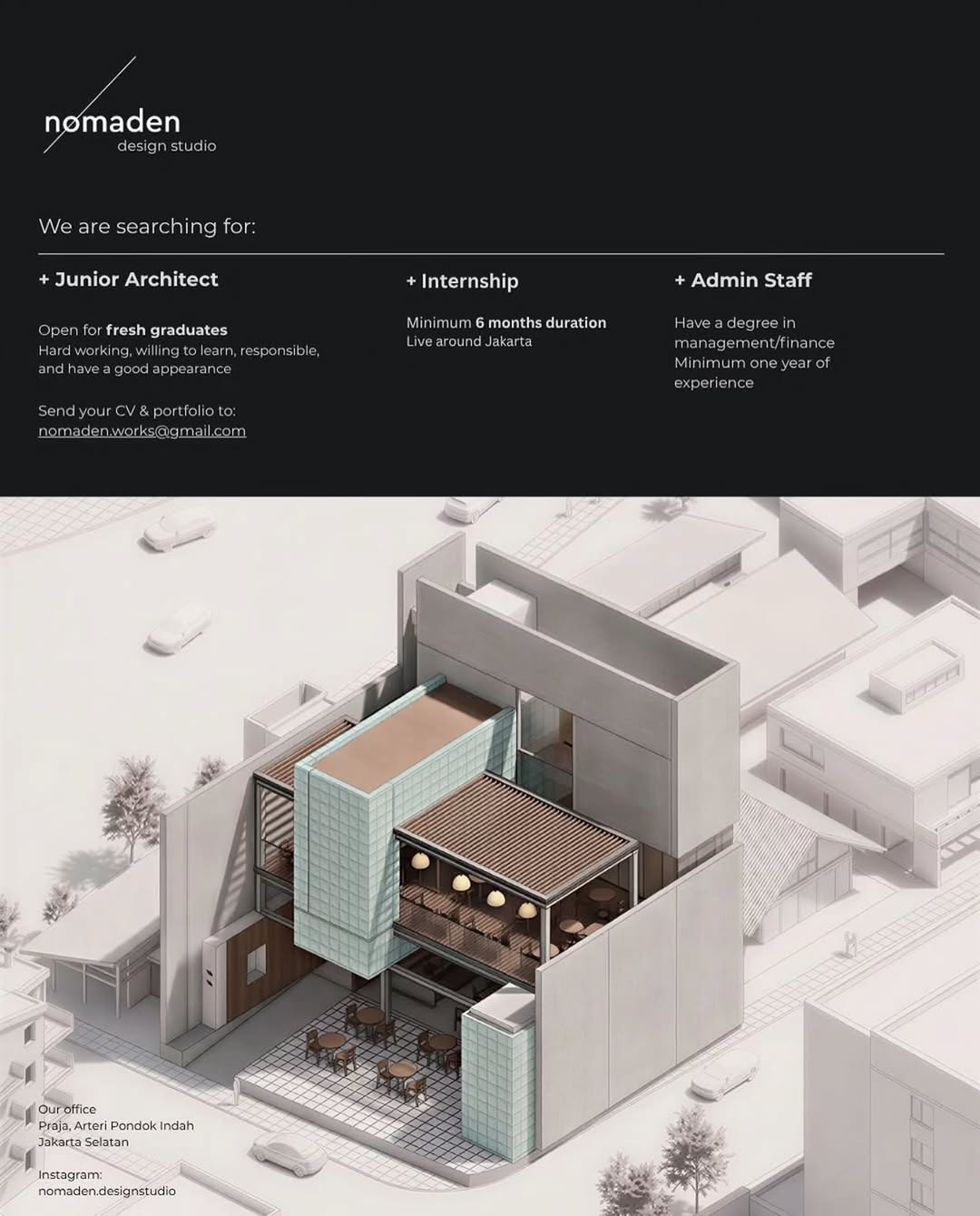 Poster Lowongan Junior Architect, Internship, Admin Staff di Nomaden Design Studio Jakarta