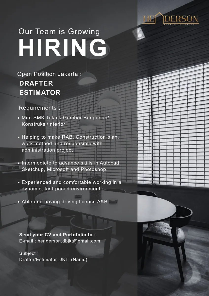 Poster lowongan Drafter Estimator di Henderson Design Jakarta Pusat