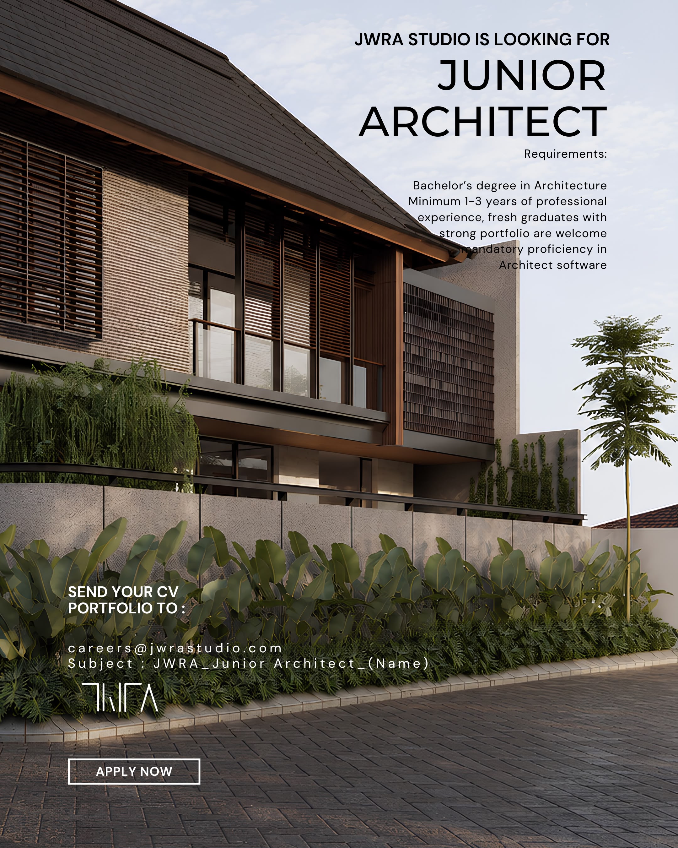 Poster Lowongan Junior Architect di JWRA Studio 1