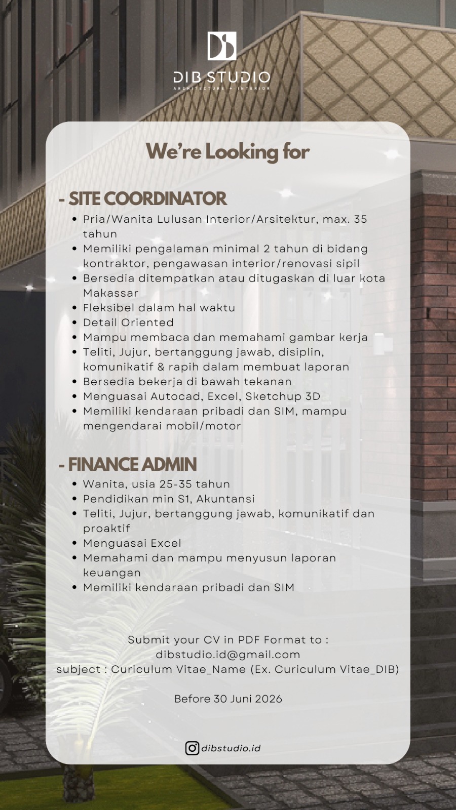 Poster Lowongan Site Coordinator & Finance Admin di DIB Studio Makassar