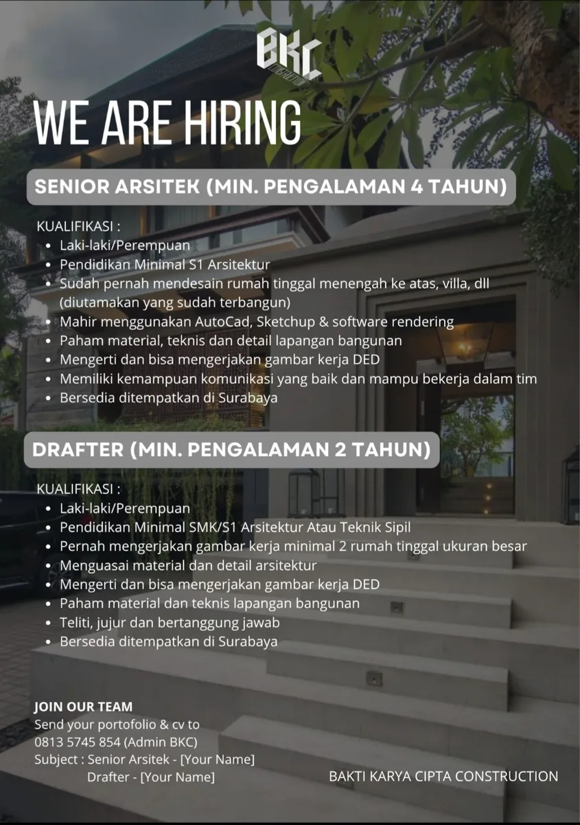 Poster Senior Arsitek, Drafter - Surabaya | Kontraktorsby Bkc 1