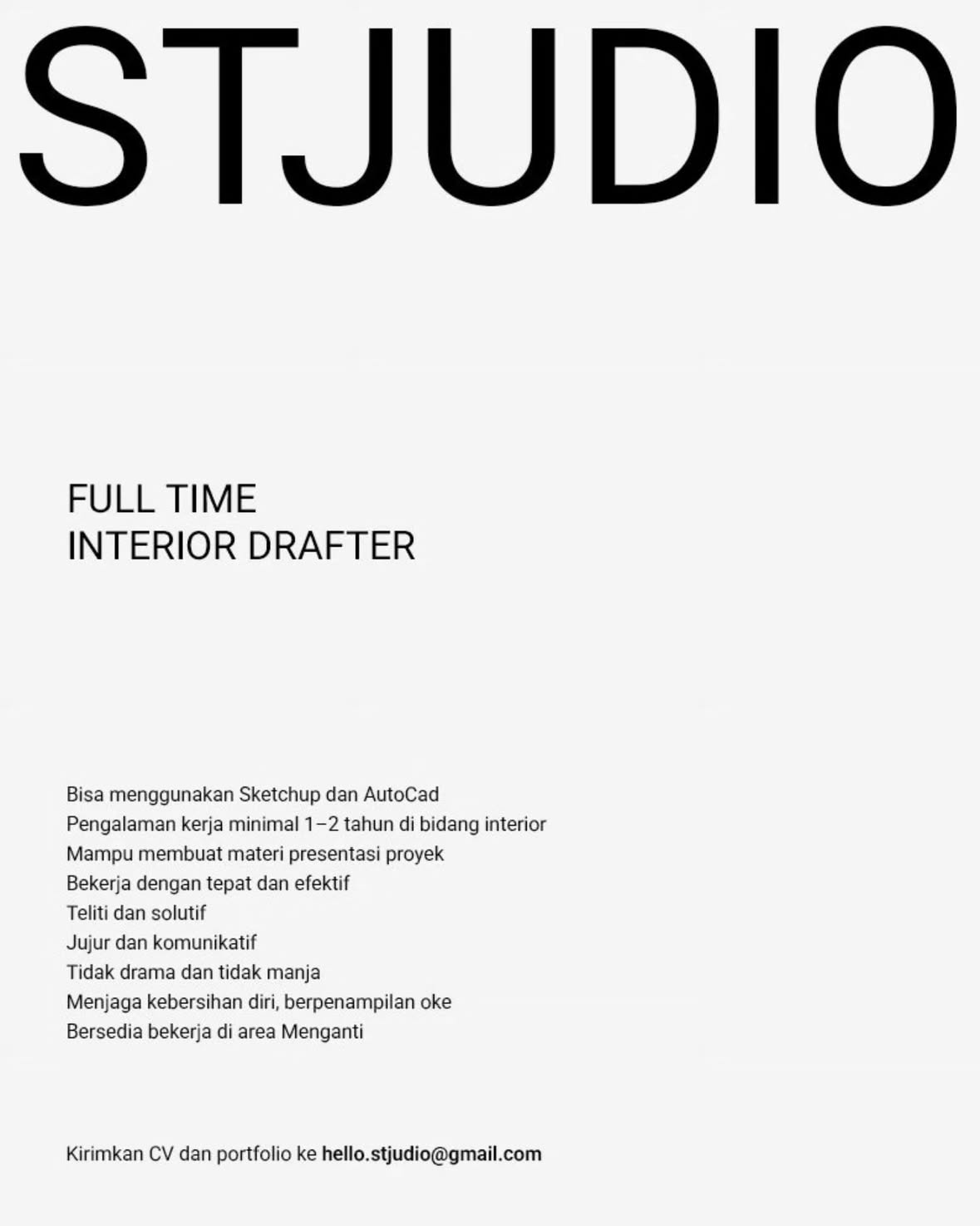 Poster Lowongan Interior Drafter di STJUDIO Menganti