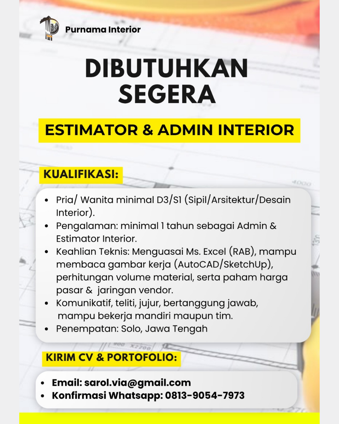 Poster Lowongan Estimator & Admin Interior di Purnama Interior Solo
