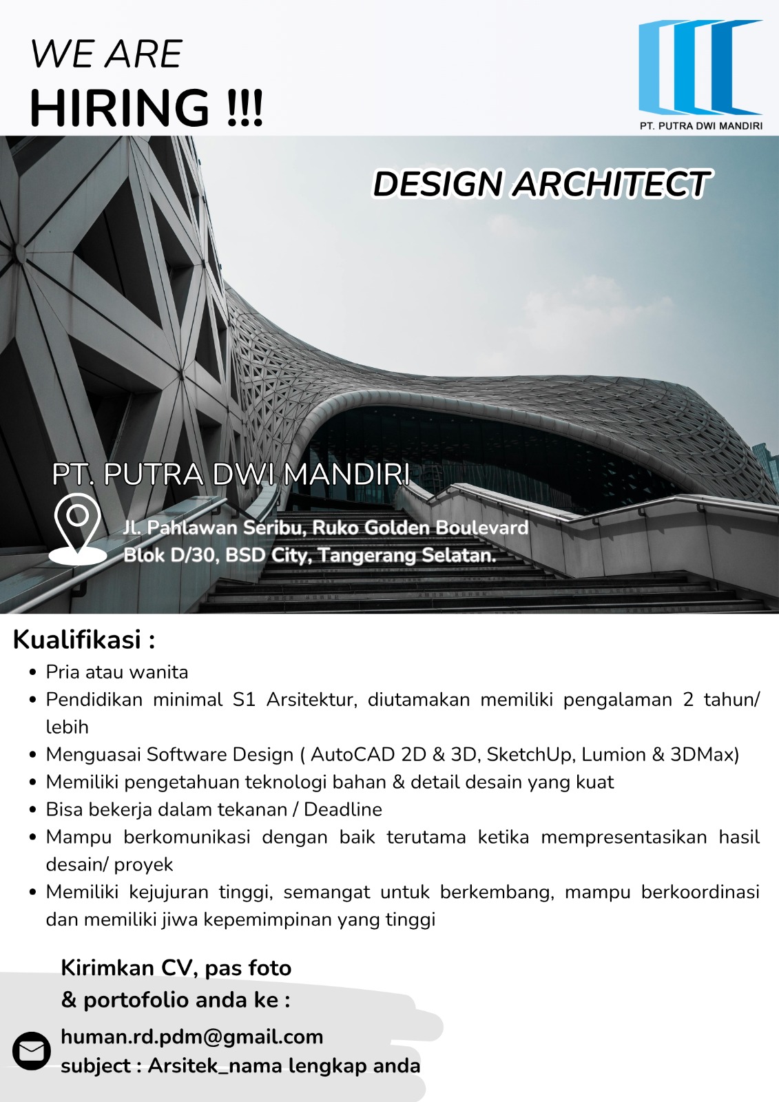Poster Lowongan Design Architect di PT Putra Dwi Mandiri Tangerang Selatan