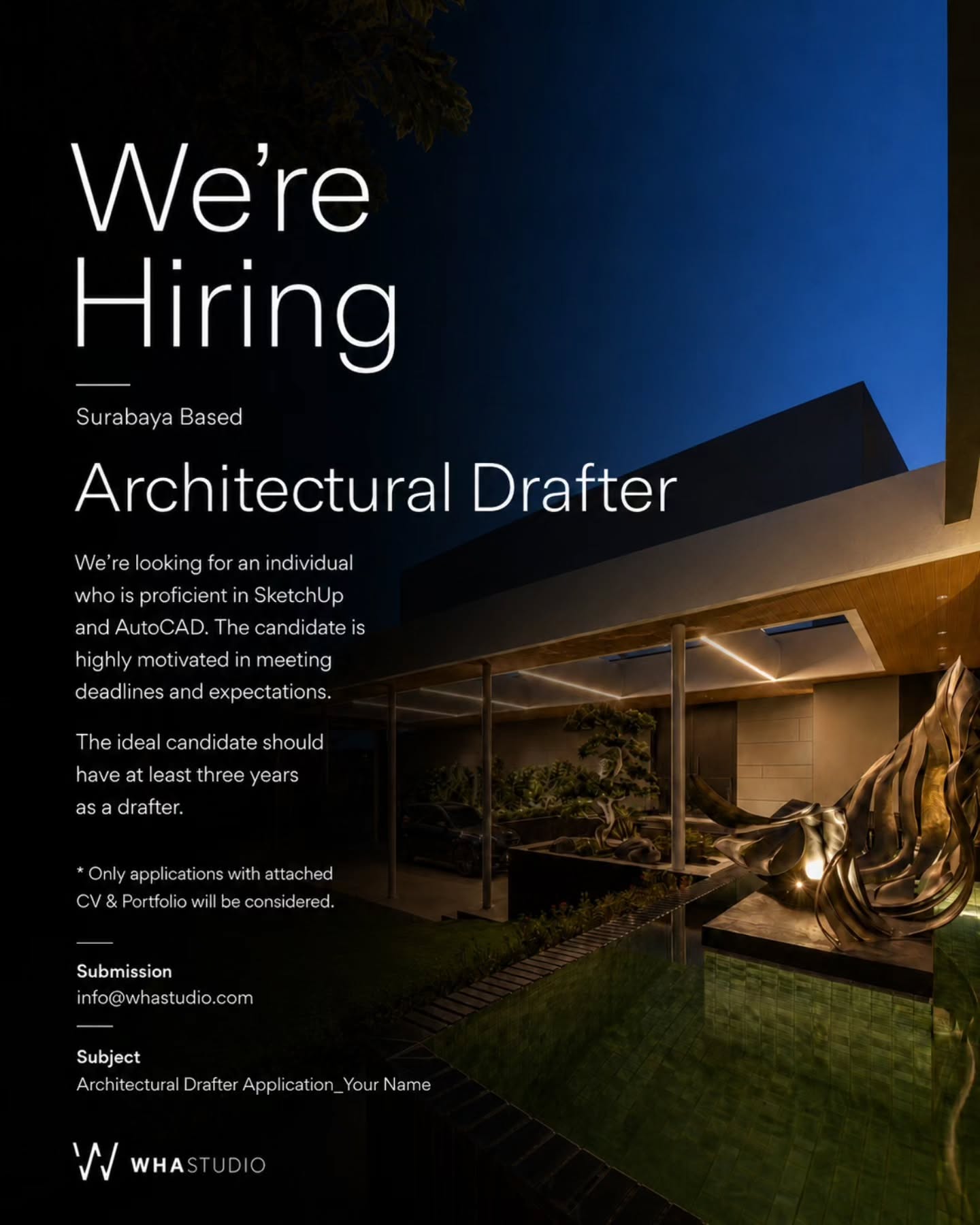 Poster Lowongan Architectural Drafter di WHA Studio Surabaya 1