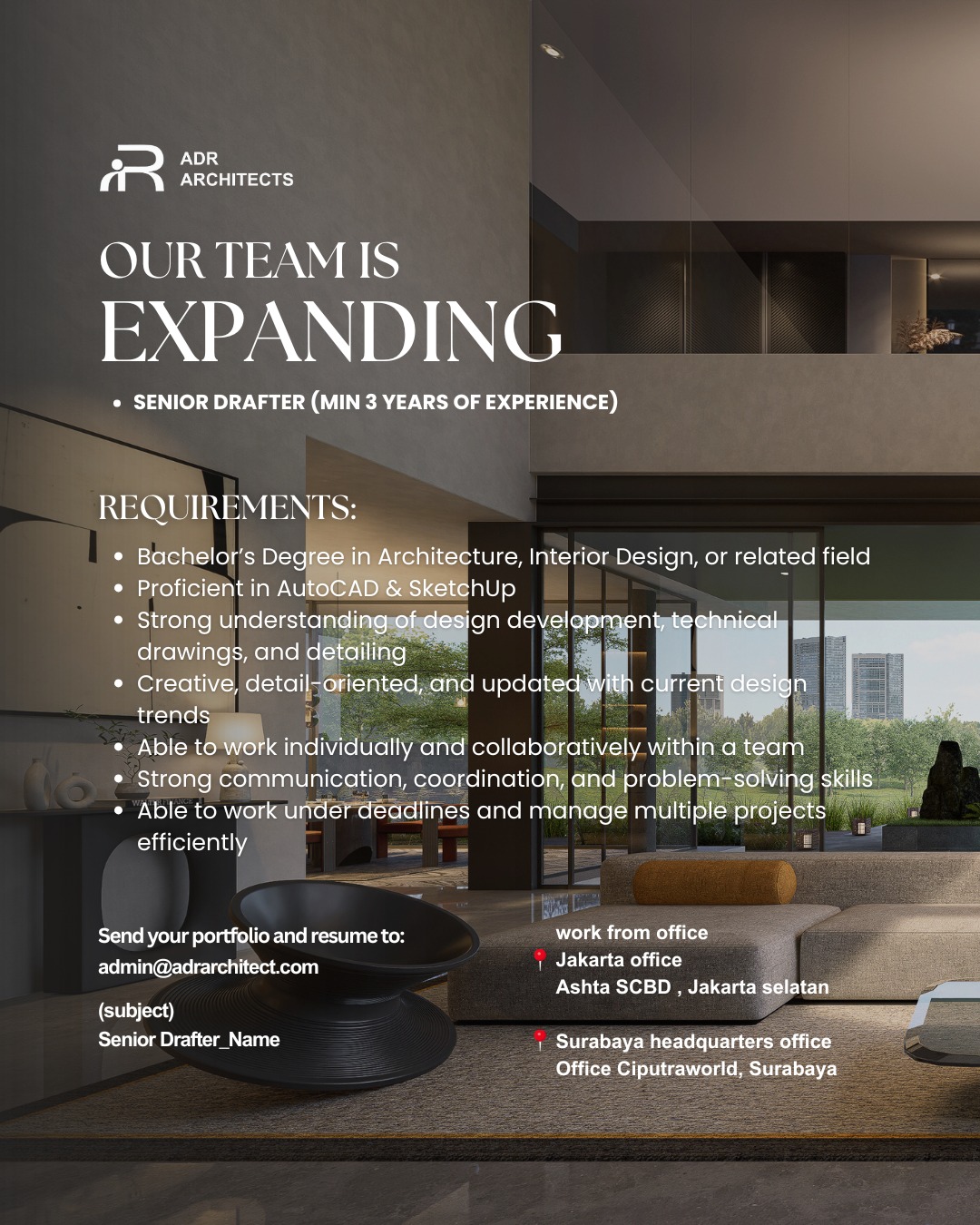 Poster Lowongan Senior Drafter di ADR Architects Jakarta & Surabaya