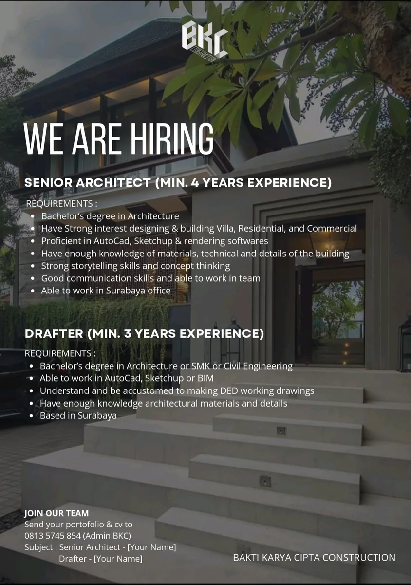 Poster Senior Architect (min. 4 Years Experience), Drafter (min. 3 Years Experience) di Kontraktorsby Bkc 1