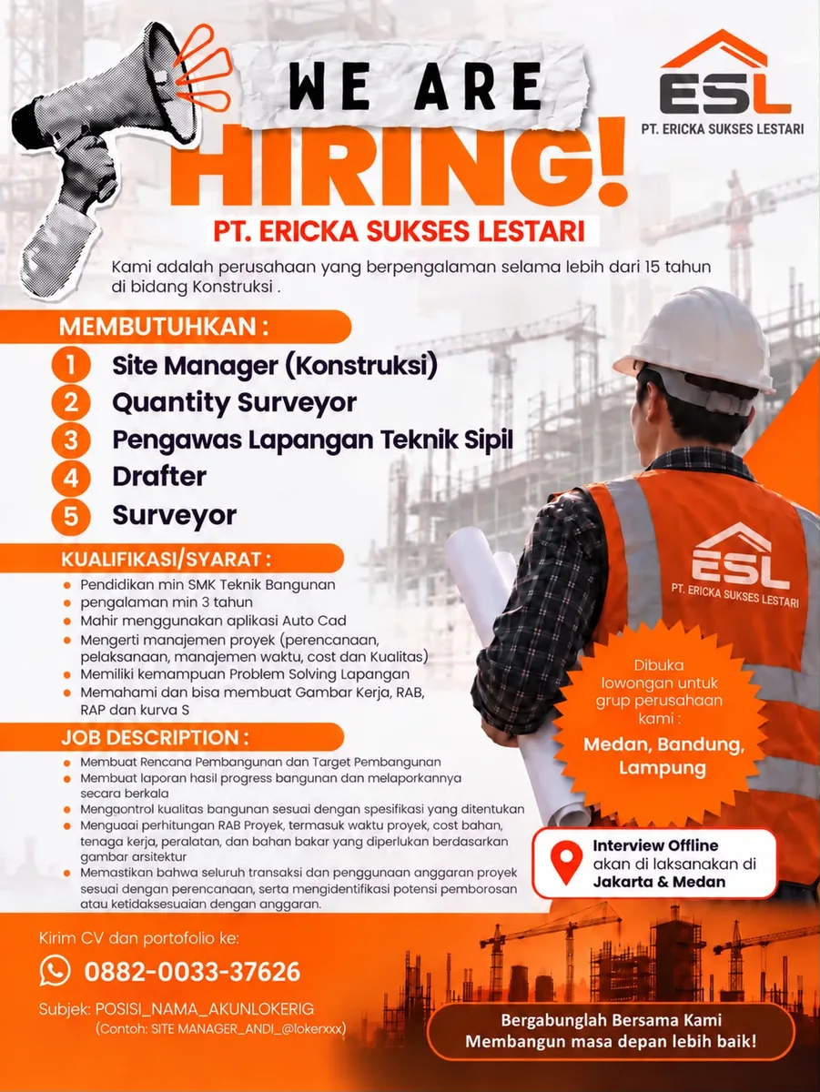 Poster Site Manager (konstruksi), Quantity Surveyor, Pengawas Lapangan Teknik Sipil, Drafter, Surveyor - KOTA MEDAN | PT Ericka Sukses Lestari 1