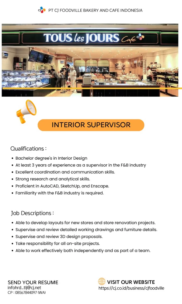 Poster Interior Supervisor - Jakarta Selatan | PT CJ Foodville Bakery and Cafe Indonesia 1