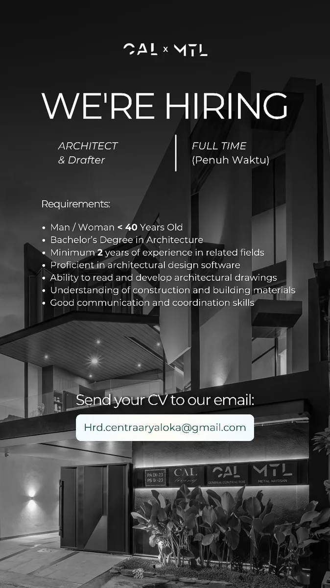 Poster lowongan Architect & Drafter di PT. Centra Arya Loka Surabaya