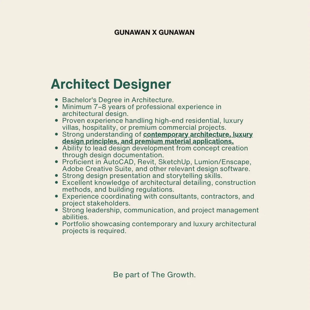 Poster Architect Designer, Interior Designer, Project Delivery Coordinator - KOTA SURABAYA | Kantor Gunawan Gunawan 3