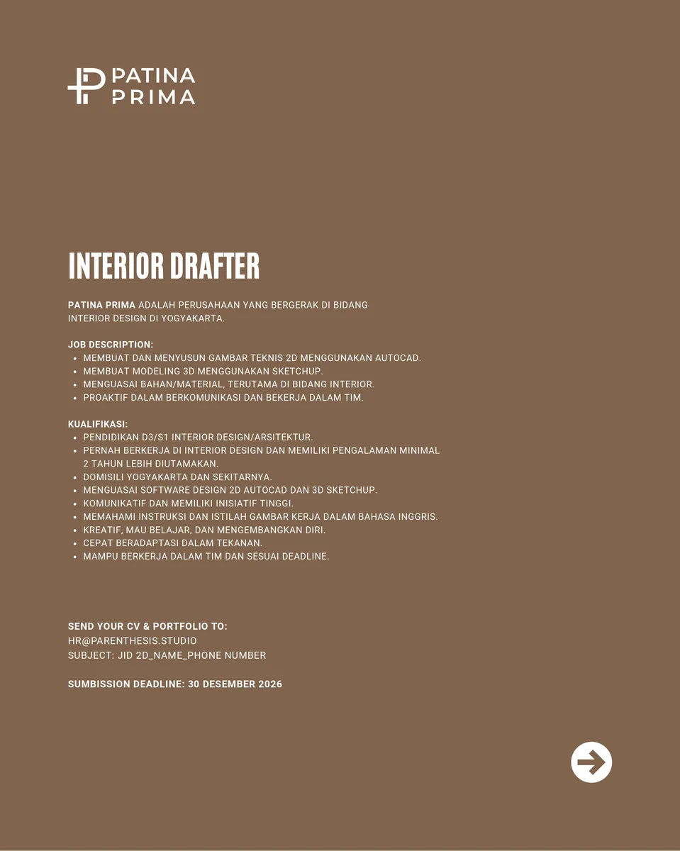 Poster Interior Drafter, 3D Interior Visualizer - KOTA YOGYAKARTA | CV Patina Prima 2