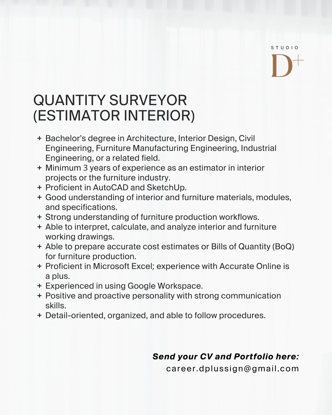Poster Lowongan Interior Designer, Quantity Surveyor, Procurement, Finance & Accounting di Dplussign Studio Surabaya 5