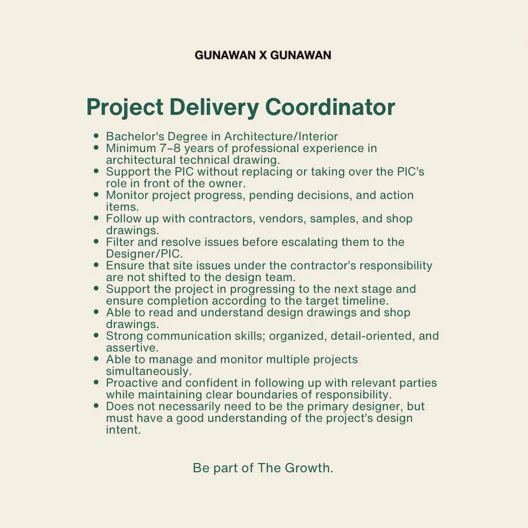 Poster Architect Designer, Interior Designer, Project Delivery Coordinator - KOTA SURABAYA | Kantor Gunawan Gunawan 4