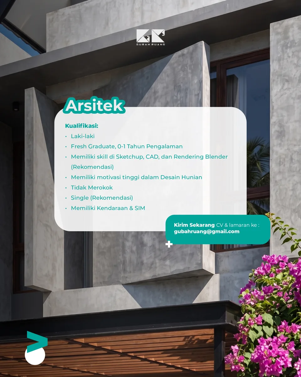 Poster lowongan Arsitek, Pengawas Lapangan di Gubah Ruang Bandung 2
