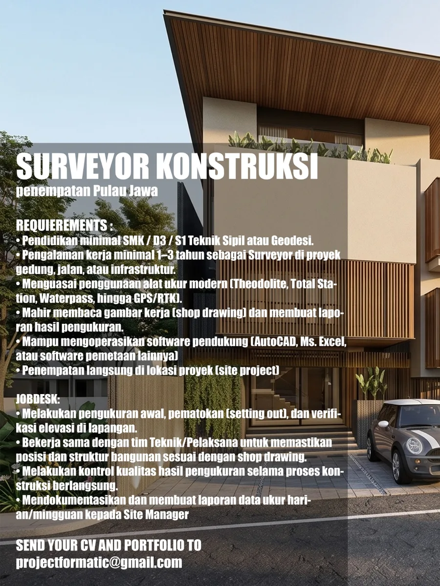 Poster Drafter, Surveyor Konstruksi, Quantity Surveyor, Ahli HSE/K3 - Jakarta | Formatic Project 2