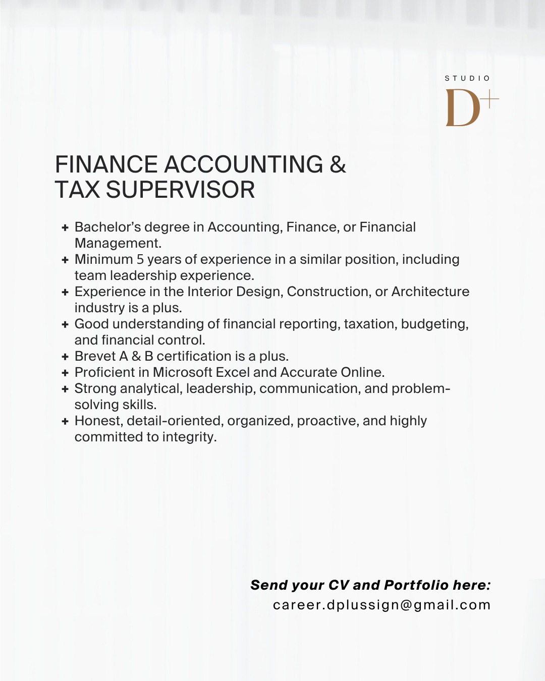 Poster Lowongan Interior Designer, Quantity Surveyor, Procurement, Finance & Accounting di Dplussign Studio Surabaya 4