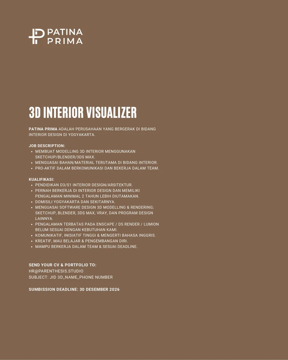 Poster Interior Drafter, 3D Interior Visualizer - KOTA YOGYAKARTA | CV Patina Prima 3