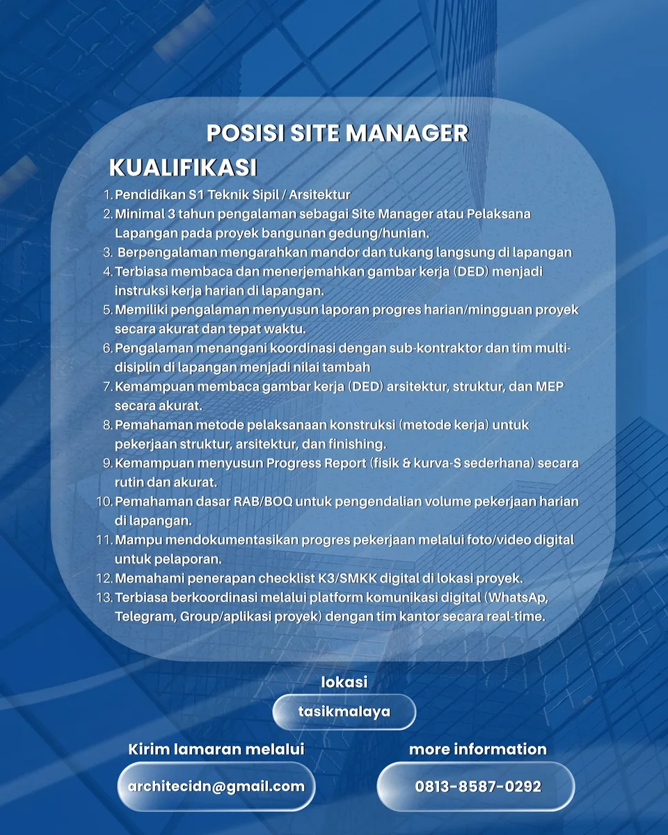 Poster Site Manager, Architect, Drafter - KAB. TASIKMALAYA | Architec Idn 2