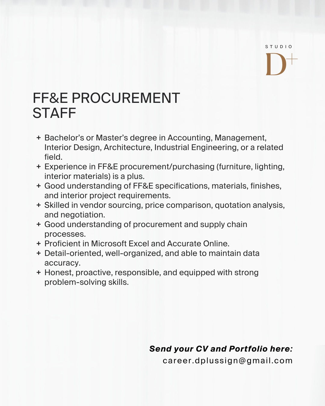 Poster Lowongan Interior Designer, Quantity Surveyor, Procurement, Finance & Accounting di Dplussign Studio Surabaya 2