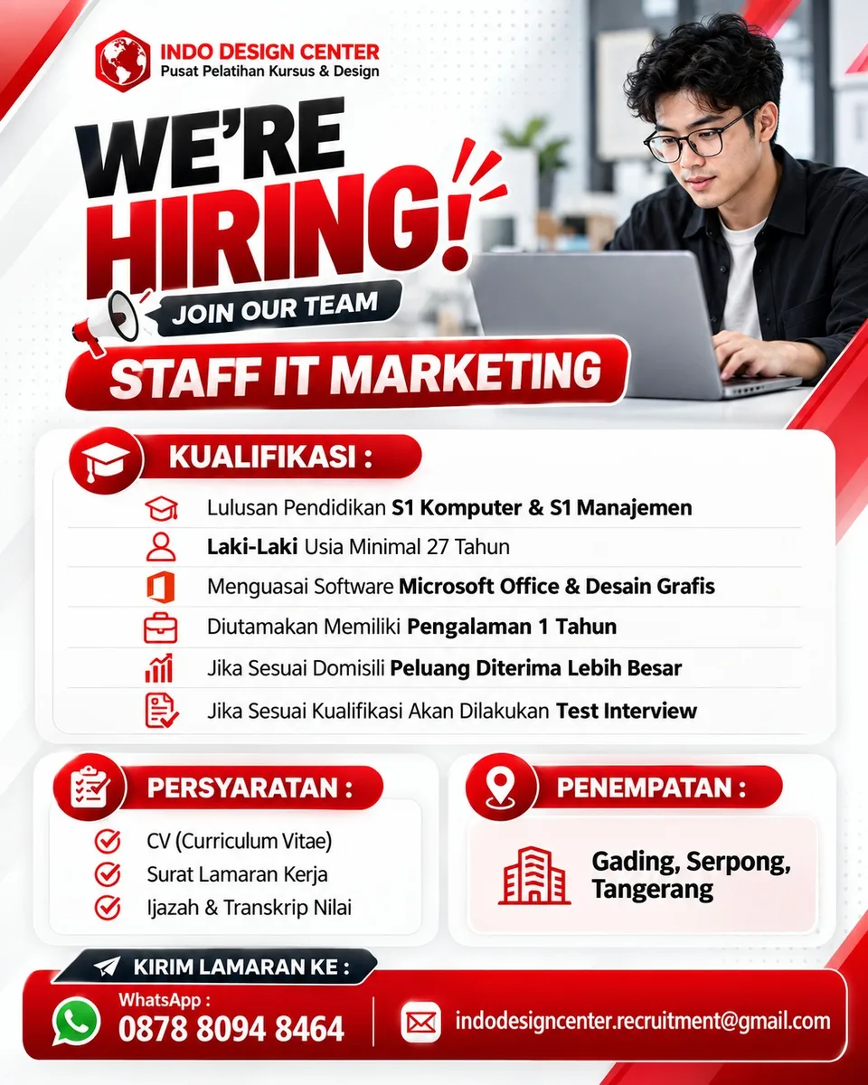 Poster Staff Trainer, Staff IT Marketing - Tangerang | Indo Design Center Kursus Kursus 2