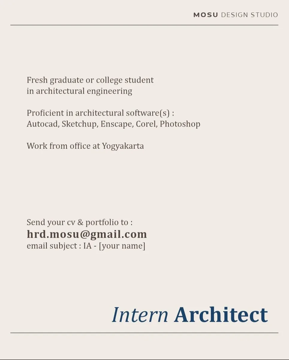 Poster Intern Architect, Junior Architect, Drafter Architect - Yogyakarta | MOSU Design Studio 2