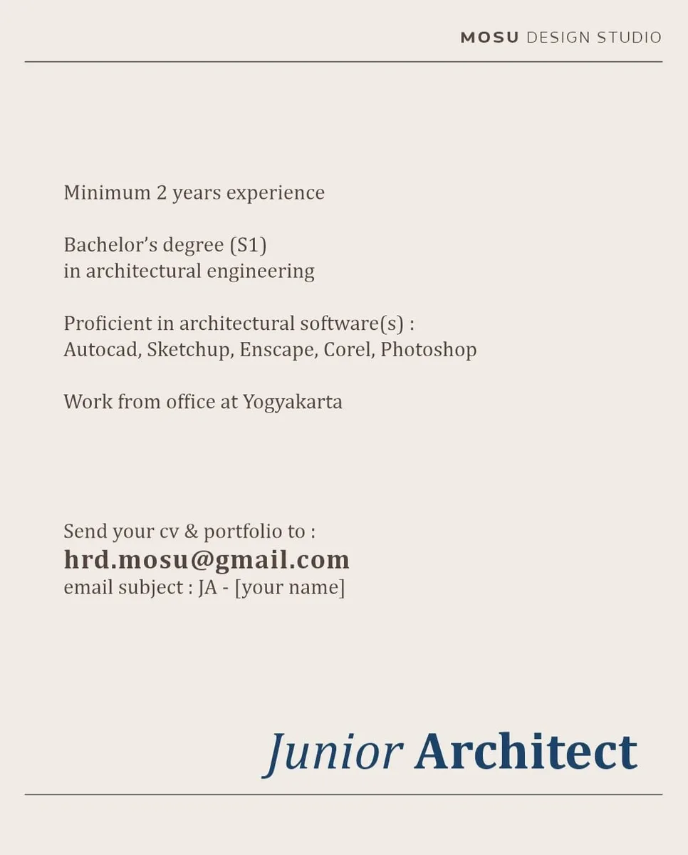 Poster Intern Architect, Junior Architect, Drafter Architect - Yogyakarta | MOSU Design Studio 3
