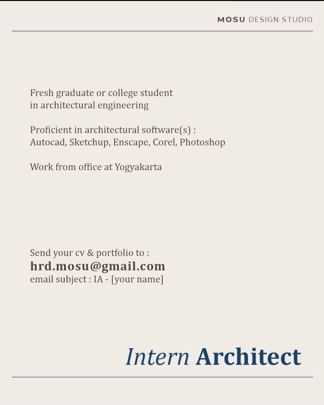 Poster Lowongan Interenship, Arsitek, Drafter di MOSU Design Studio 2