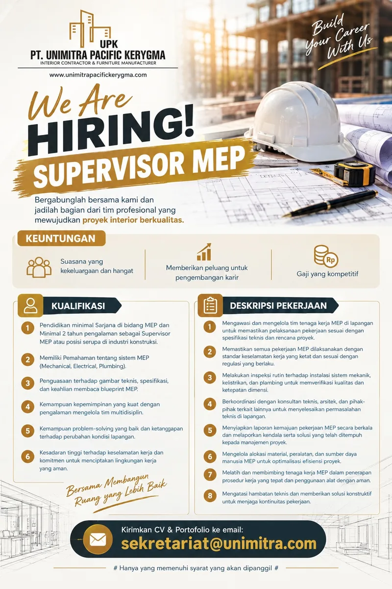 Poster Drafter Interior, Drafter MEP, Estimator, Supervisor MEP - Adm. Jakarta Pusat | PT. Unimitra Pacific Kerygma 5