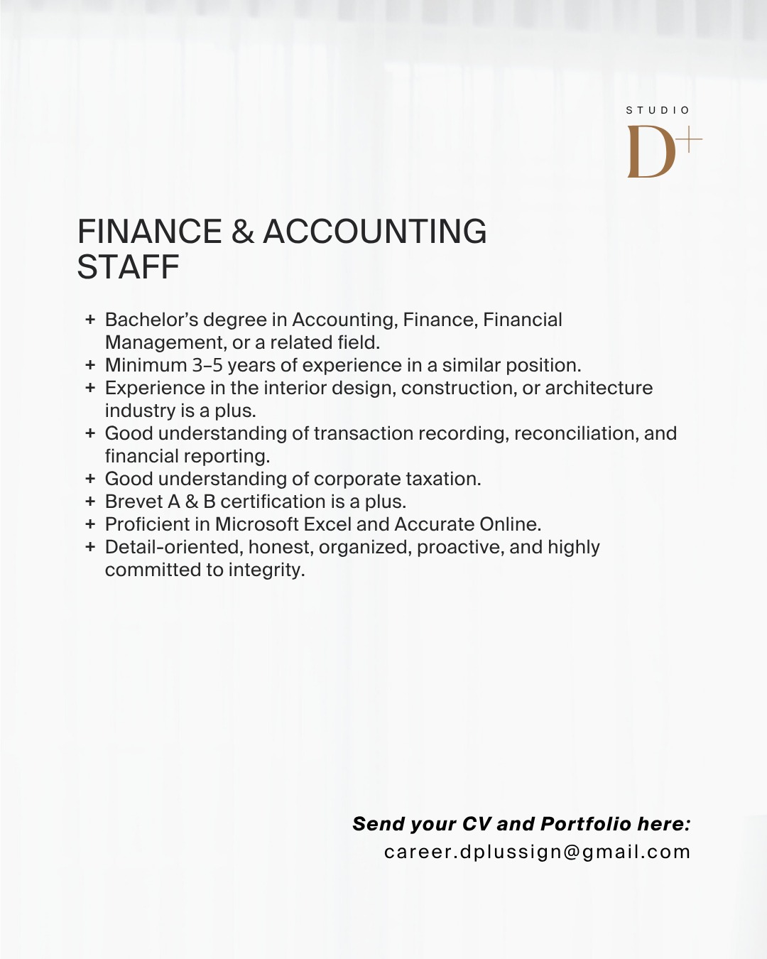 Poster Lowongan Interior Designer, Quantity Surveyor, Procurement, Finance & Accounting di Dplussign Studio Surabaya 3