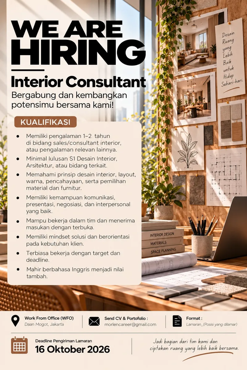 Poster Digital Growth & Performance Specialist, Interior Consultant, Intern Interior Designer / Architect, Intern Drafter - Jakarta | Morlen Id Id 3