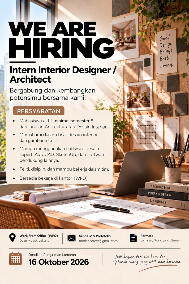 Poster Digital Growth & Performance Specialist, Interior Consultant, Intern Interior Designer / Architect, Intern Drafter - Jakarta | Morlen Id Id 4