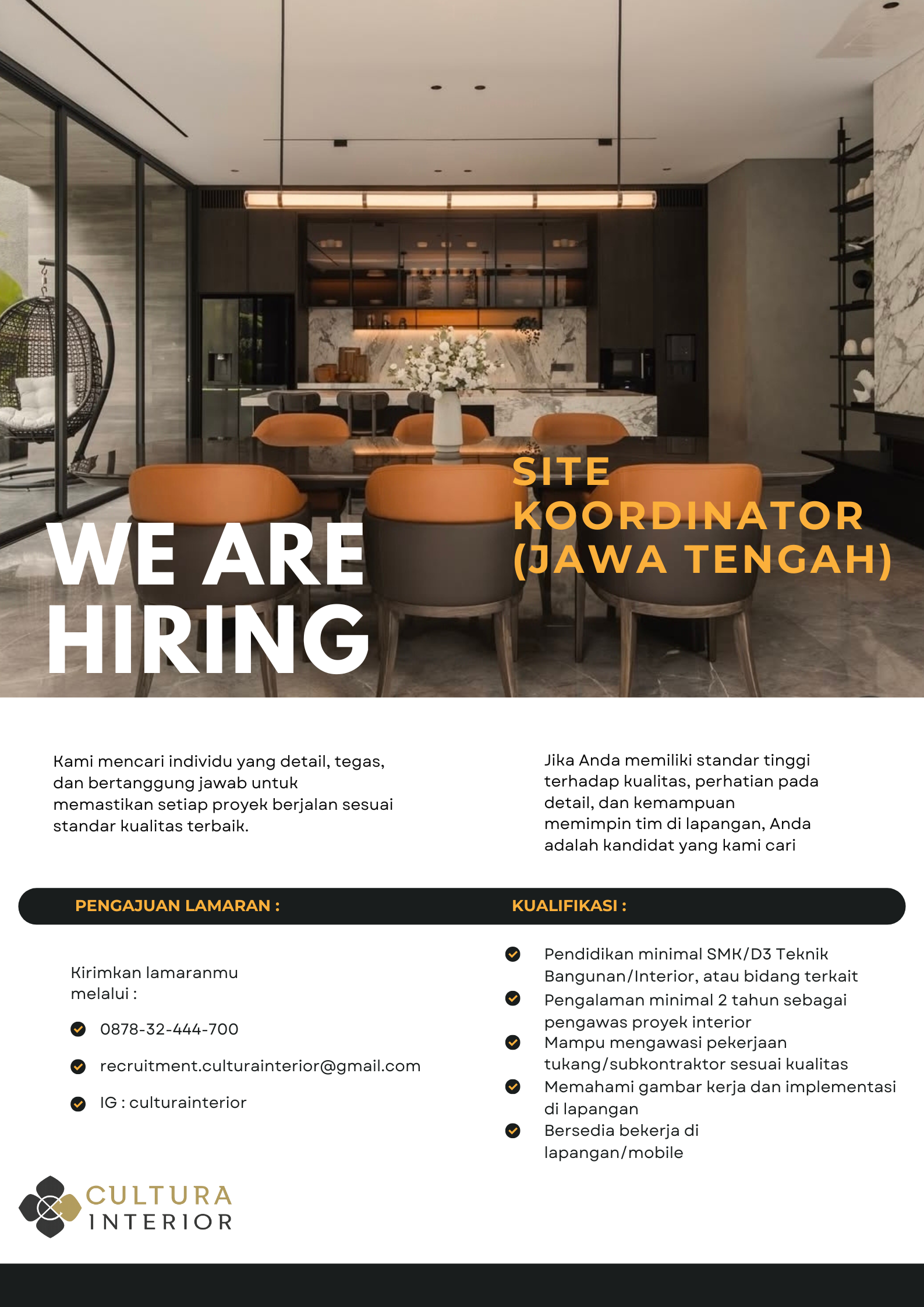 Poster WE'RE HIRING.  FF&E Specialist & Koordinator Lapangan Cultura Interior 2