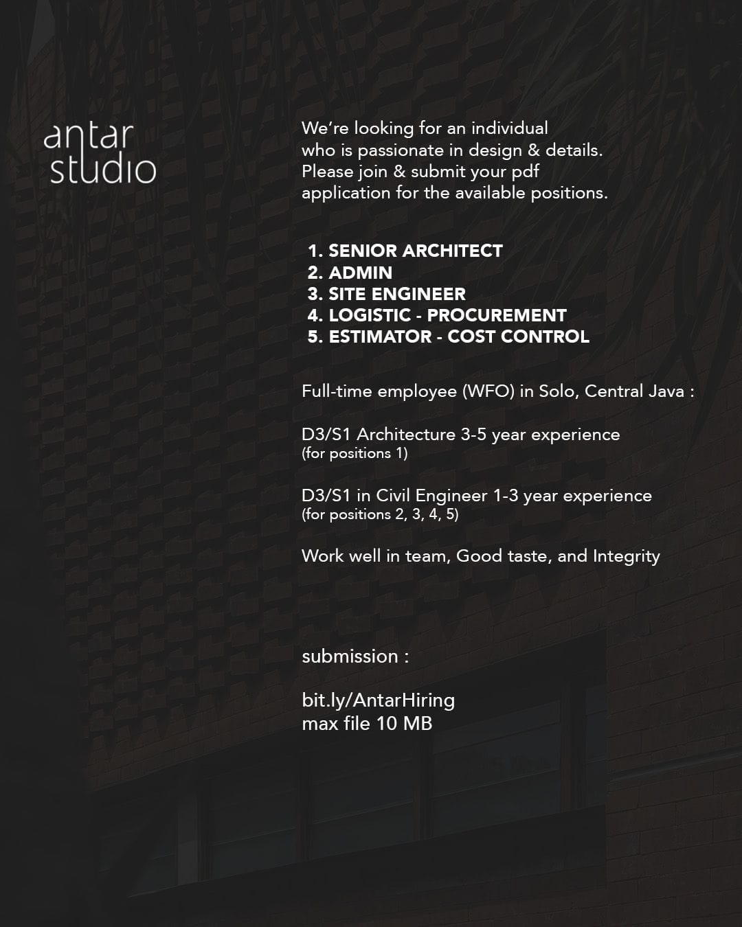 Poster Senior Architect, Admin, Site Engineer, Logistic - Procurement, Estimator - Cost Control di antarstudio___ 2